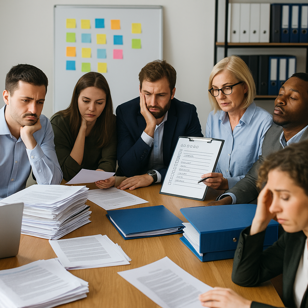 Sechs frustrierte Teammitglieder sitzen in einem Büro um einen Tisch voller Aktenordner und Dokumente – Symbol für zu viele Prozesse im Unternehmen.