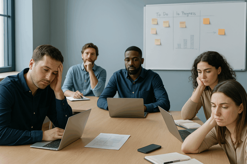 Fünf erschöpfte Teammitglieder sitzen im Büro vor Laptops und wirken demotiviert – Symbol für ein Team, das nicht motiviert ist und im Stillstand steckt.