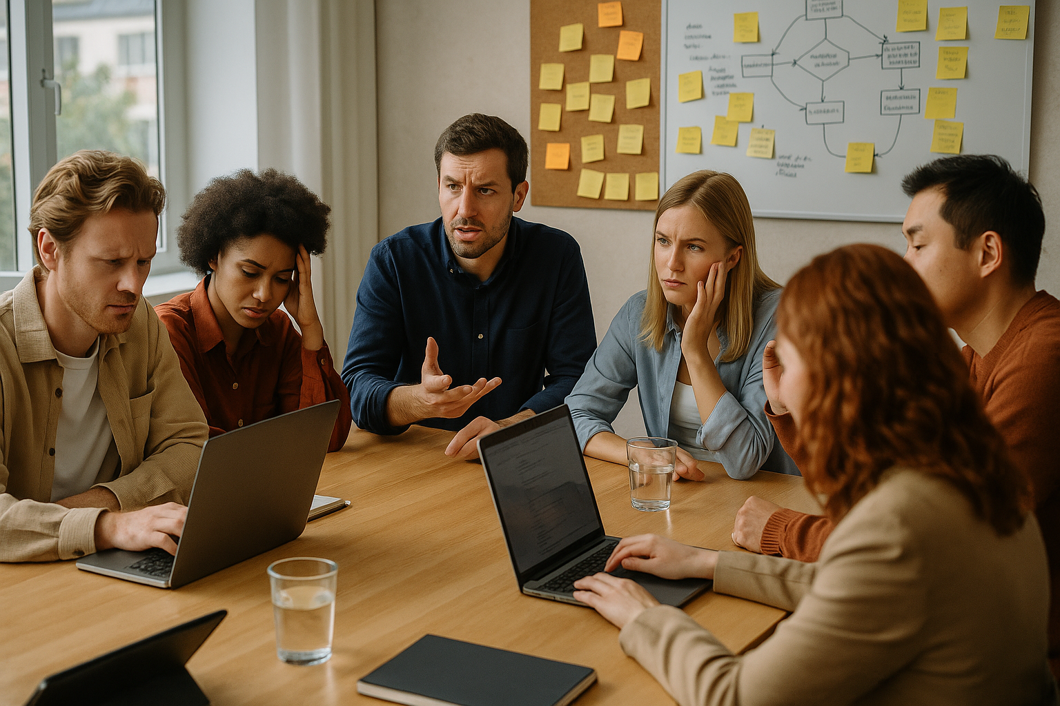 Sechs Teammitglieder sitzen im Büro um einen Tisch und diskutieren frustriert über Laptops hinweg – Symbol für zu viele Abstimmungen im Unternehmen.