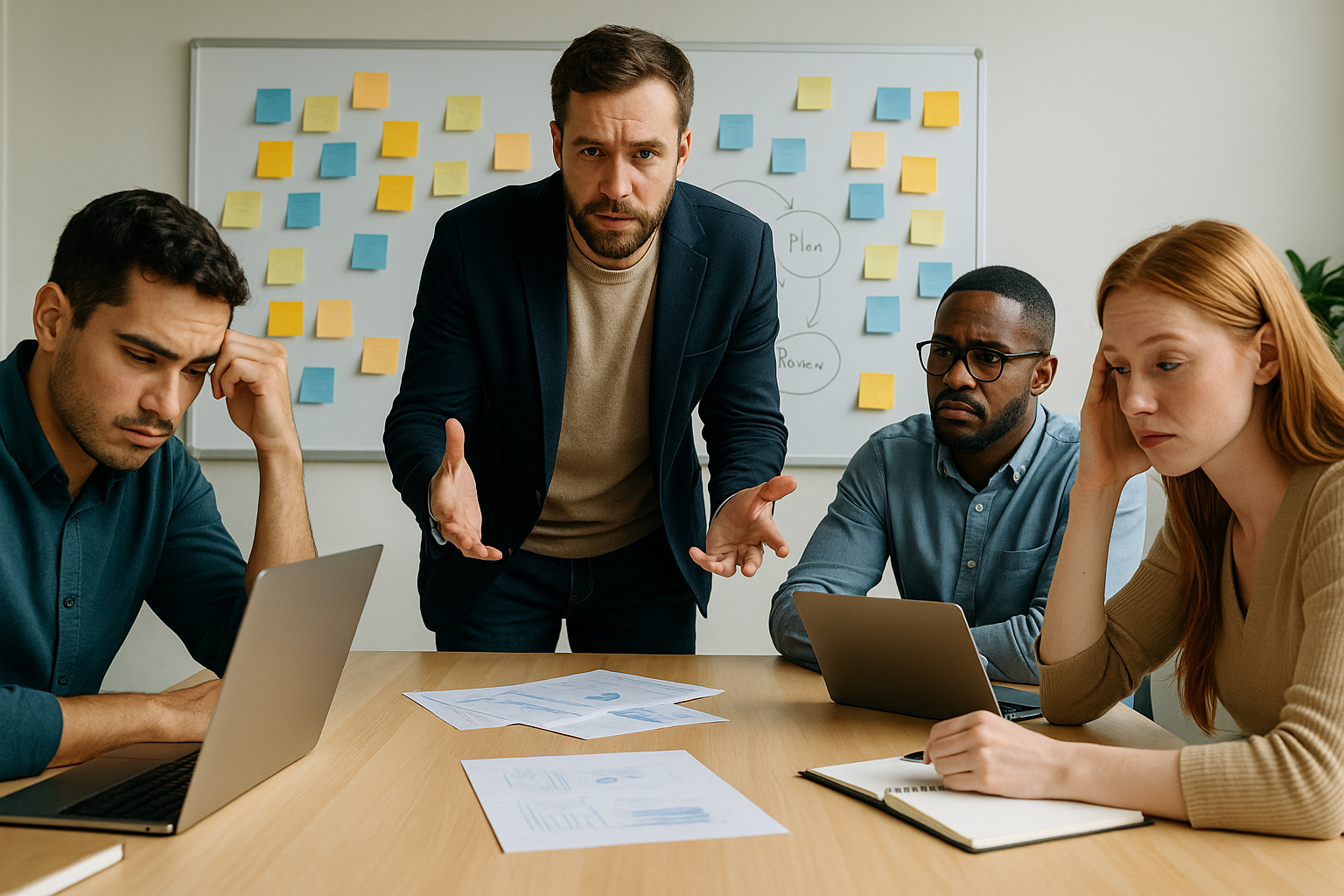Vier Teammitglieder sitzen frustriert im Meetingraum, während ein Kollege gestikulierend versucht, eine Entscheidung anzustoßen – Symbol dafür, dass Entscheidungen im Unternehmen zu lange dauern.