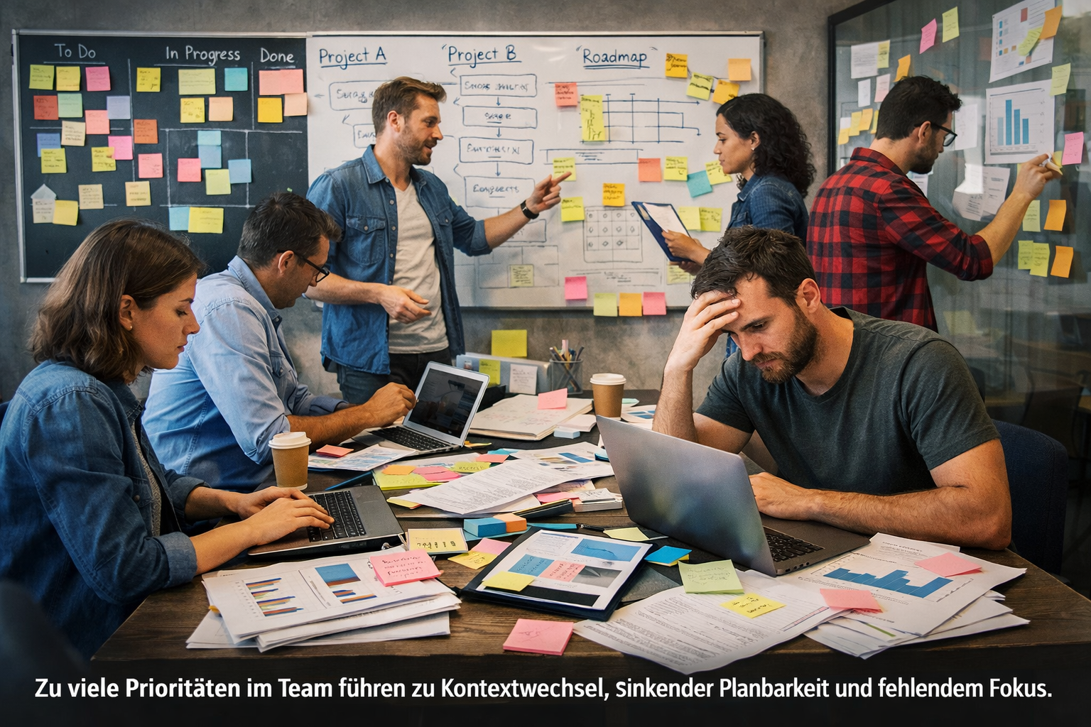 Überlastetes Team arbeitet parallel an vielen Aufgaben – Symbol für ein Team ohne Fokus und fehlende Priorisierung.