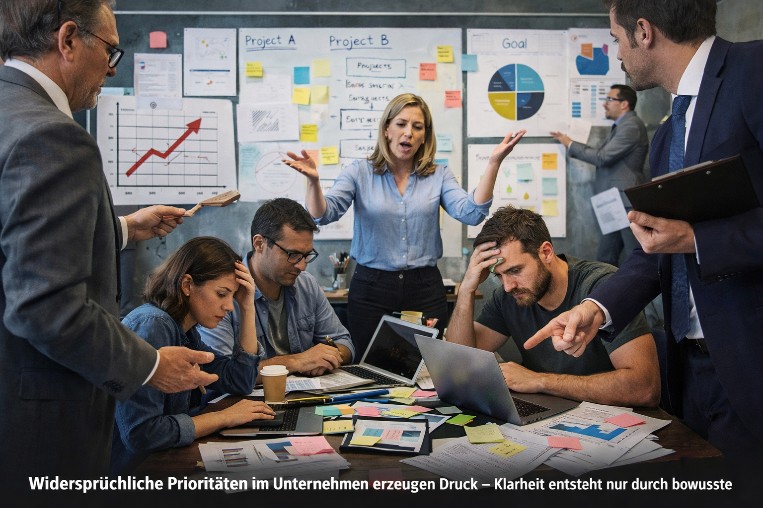 Team steht zwischen mehreren Führungskräften, die unterschiedliche Prioritäten einfordern – Symbol für widersprüchliche Prioritäten im Unternehmen.