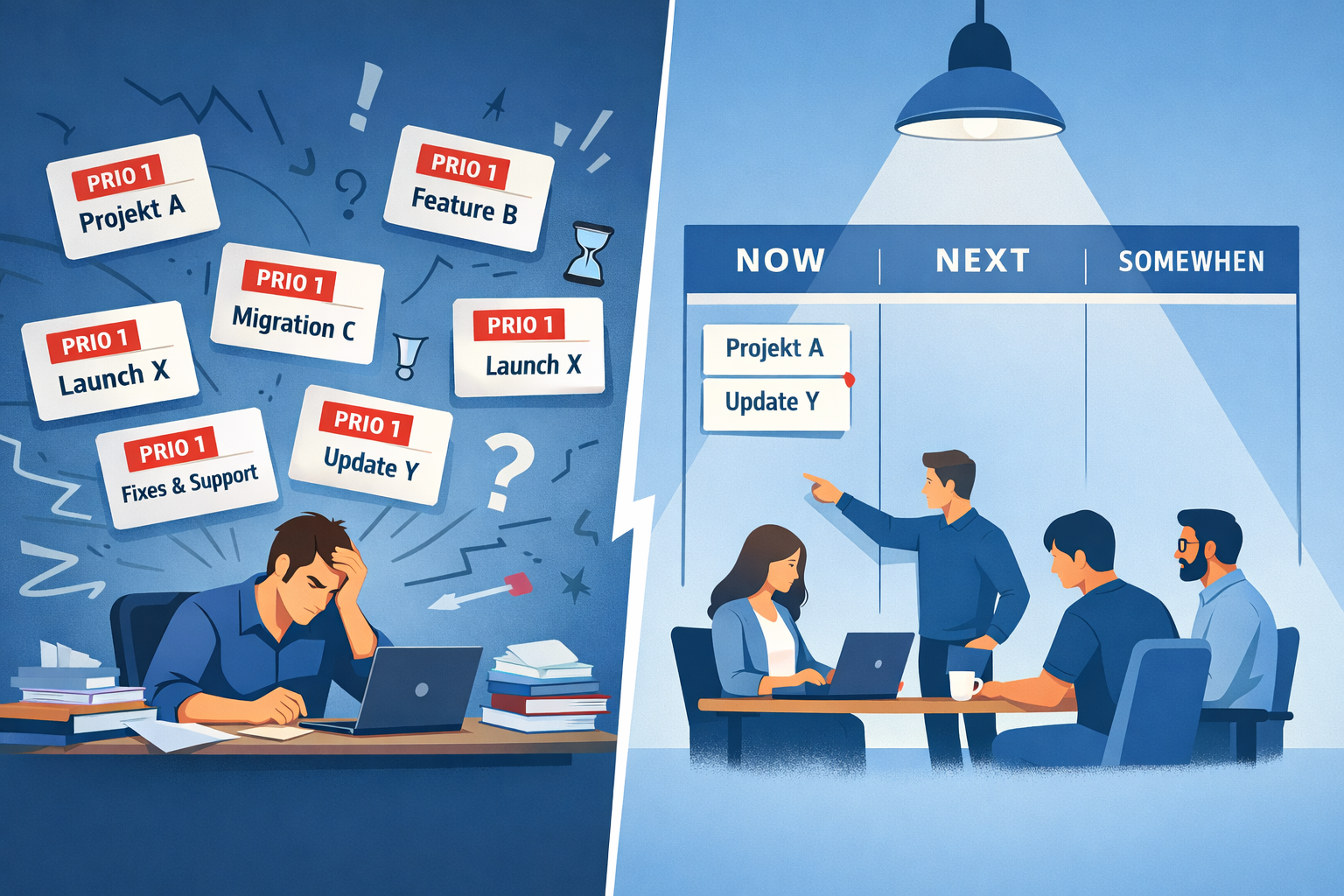 llustration eines Engineering Managers mit zu vielen Projekten gleichzeitig und mehreren „Prio 1“-Aufgaben im Chaos, gegenüber einem fokussierten Team mit klar priorisiertem Now-Next-Somewhen-Board.
