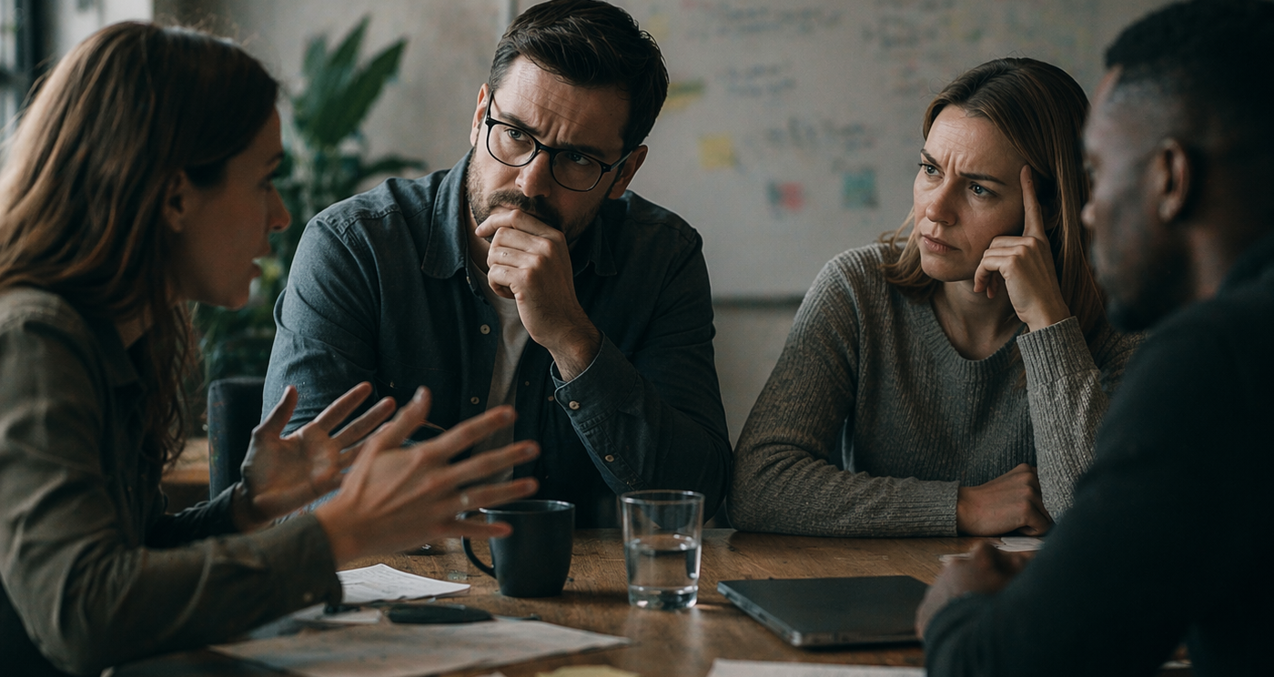 Team diskutiert angespannt in Meeting über Probleme in der Zusammenarbeit und unterschiedliche Perspektiven.