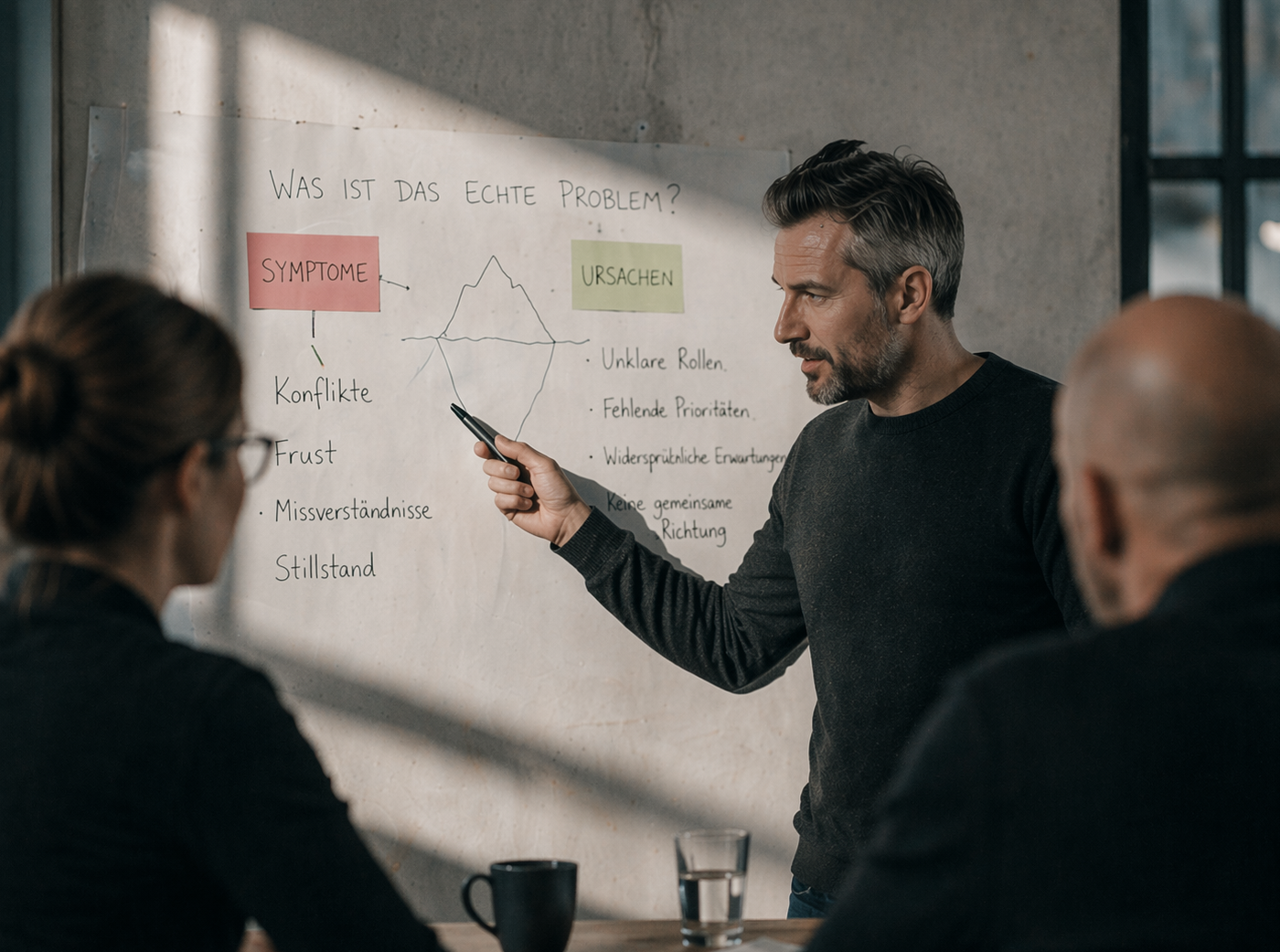 Team analysiert Probleme am Whiteboard und unterscheidet zwischen Symptomen und Ursachen in der Zusammenarbeit.