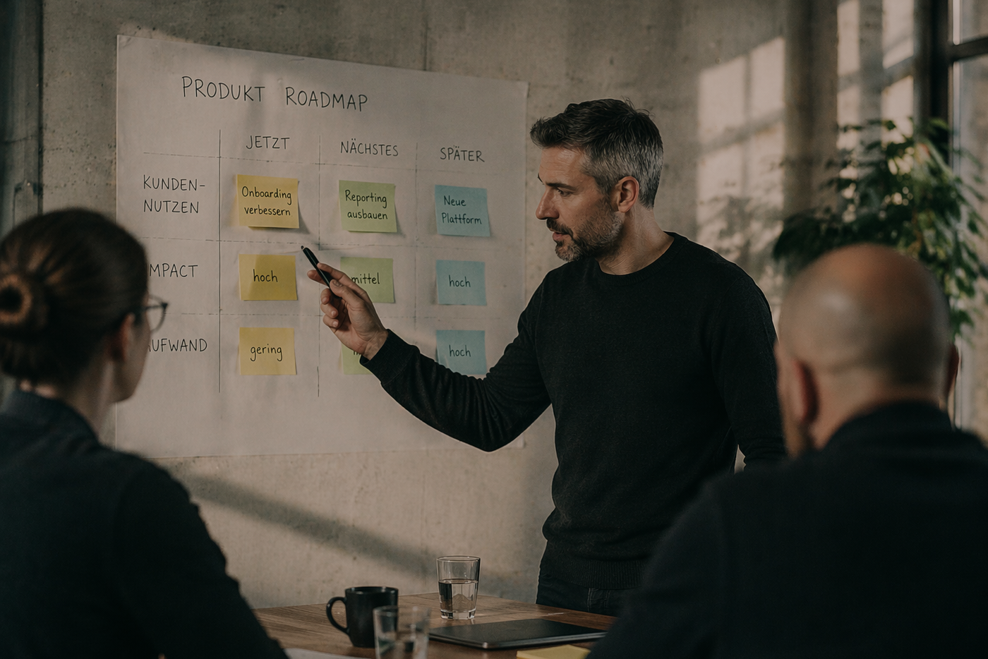 Team entwickelt Produkt Roadmap am Whiteboard mit klaren Prioritäten und Struktur für jetzt, nächstes und später.