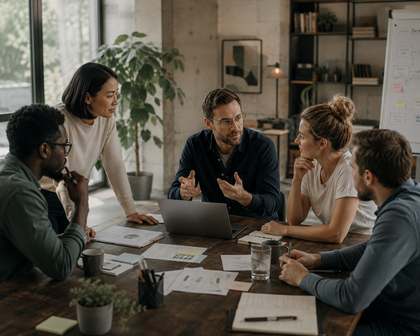 Authentische Teamszene in modernem Arbeitsumfeld: Ein interdisziplinäres Team diskutiert gemeinsam über Zusammenarbeit, Entscheidungen und Veränderung im Kontext moderner KI Führung und digitaler Transformation.