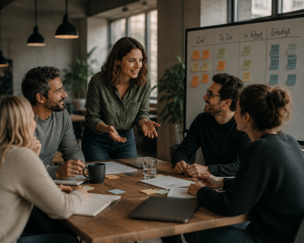 Selbstorganisierte Teams führen, Teammeeting mit kollaborativer Zusammenarbeit und moderner agiler Führung in einem Büro.