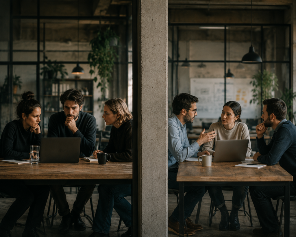 Silos im Unternehmen: Zwei getrennte Teams arbeiten isoliert voneinander in einem modernen Büro, getrennt durch eine massive Betonsäule als Symbol für fehlende Zusammenarbeit zwischen Teams.