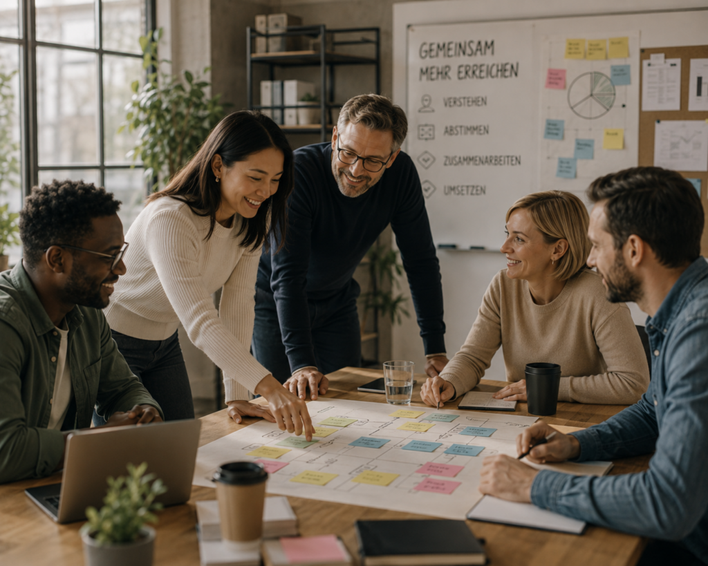 Team aus verschiedenen Abteilungen arbeitet gemeinsam an einem Workshop-Board, um die teamübergreifende Zusammenarbeit zu verbessern und gemeinsame Ziele abzustimmen.