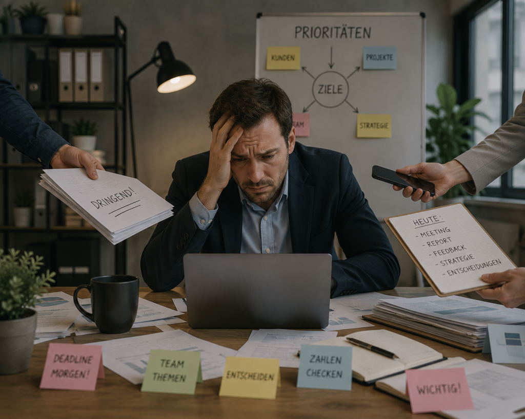 Als Führungskraft überfordert im Büro: Ein Manager sitzt sichtbar gestresst an seinem Schreibtisch, während gleichzeitig Anfragen, Entscheidungen und Aufgaben von allen Seiten auf ihn einprasseln. Das Bild verdeutlicht die systemischen Ursachen von Überlastung in Führungsrollen.