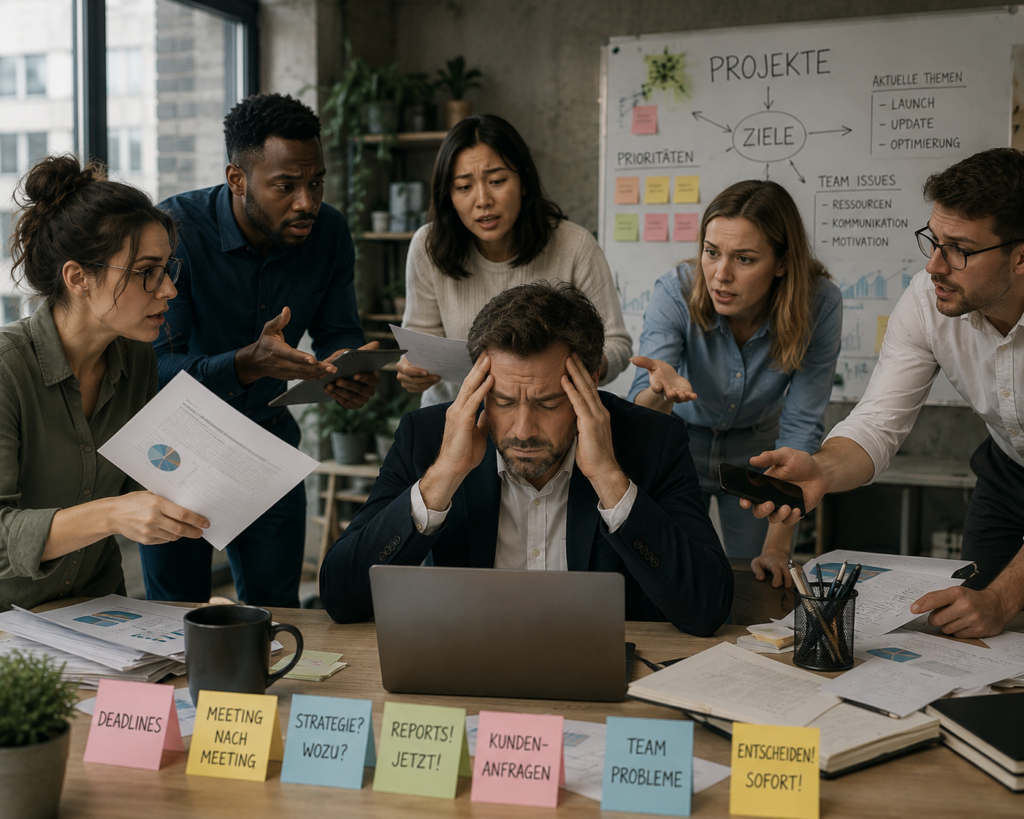 Erste 90 Tage als Führungskraft: Überforderter neuer Teamleiter sitzt mit seinem Team in einem Meeting und versucht, zahlreiche Anfragen, Erwartungen und Prioritäten gleichzeitig zu bewältigen.